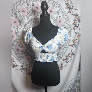 Derek Heart Blue Floral Lace Up Crop Top M Cottagecore
